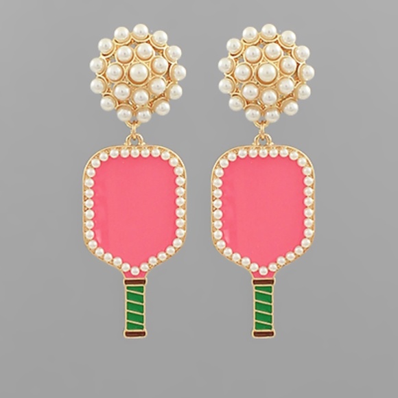 Pickleball Paddle on Studded Pearl Earrings - Picture 2 of 2